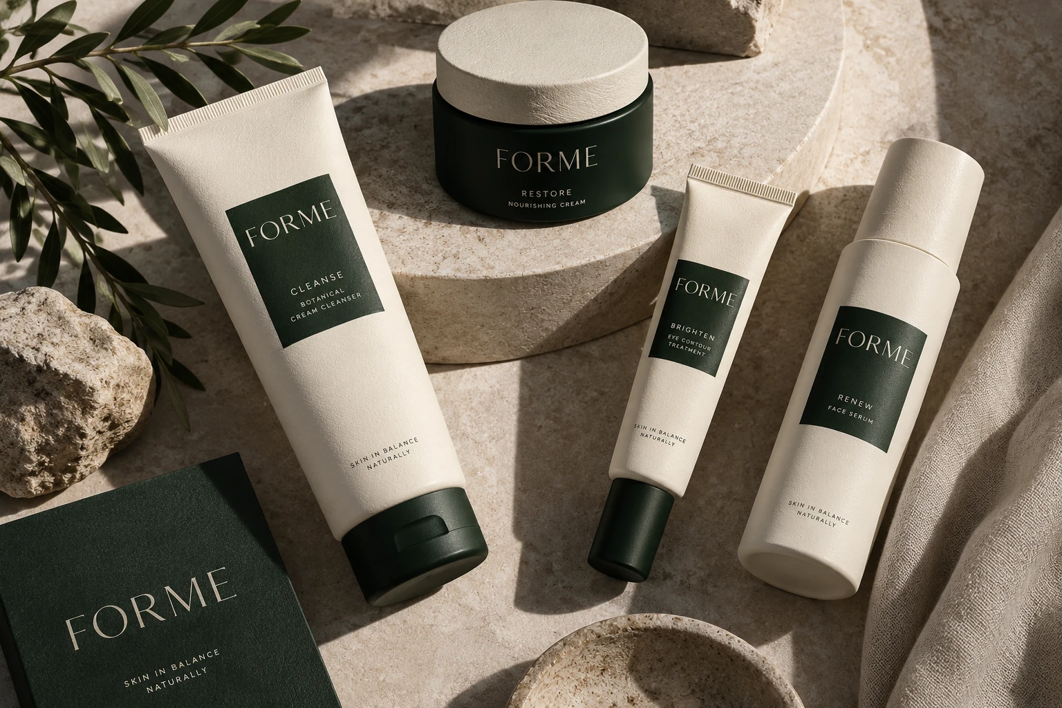 아이보리 패키지와 포레스트 그린 라벨로 구성한 FORME 스킨케어 브랜드 콘셉트