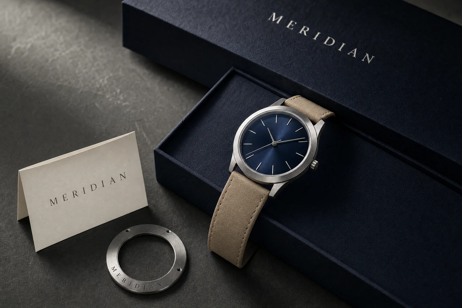 브러시드 스틸 케이스와 딥 네이비 다이얼, 리넨 박스로 구성한 MERIDIAN 미니멀 시계 브랜드 콘셉트