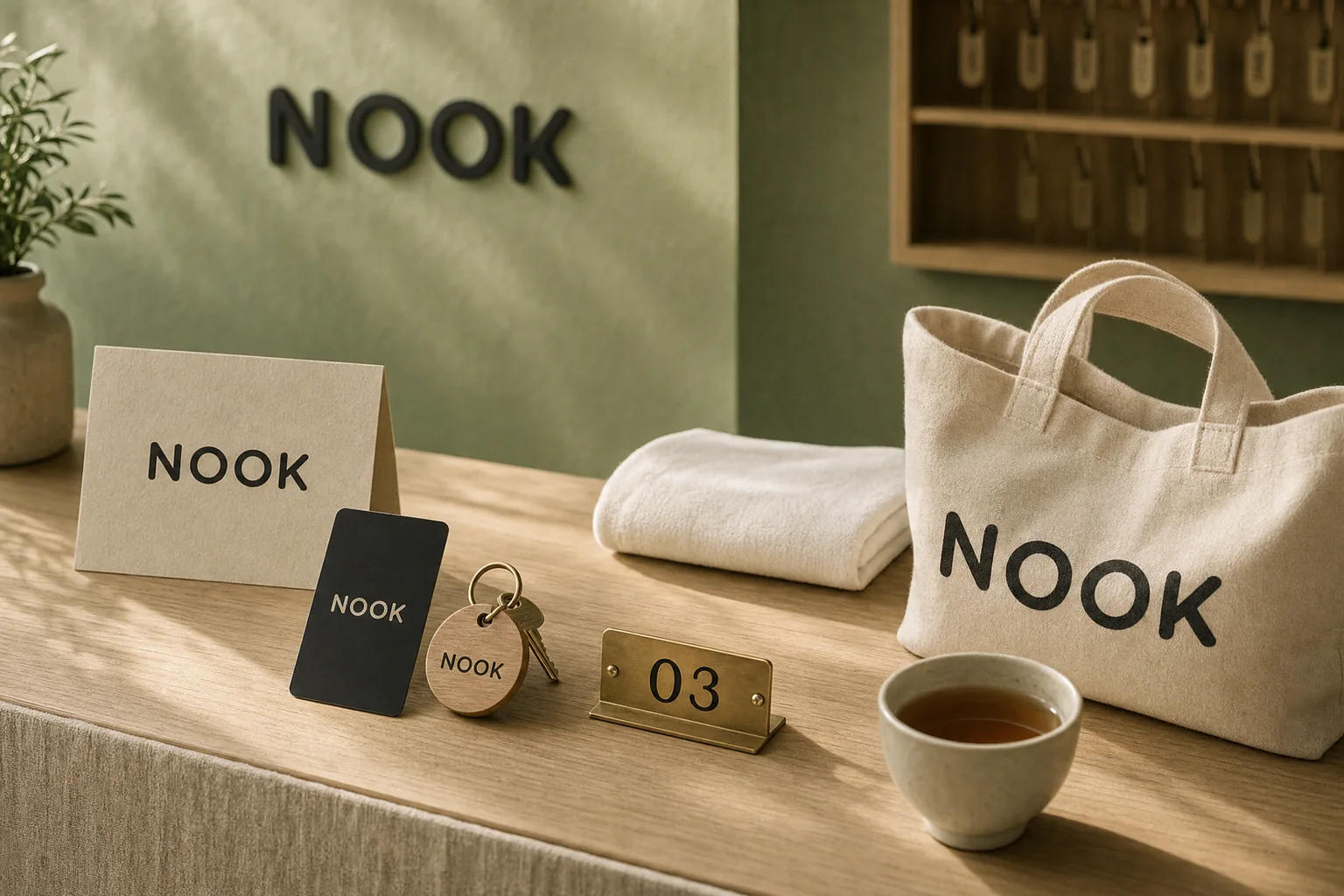 세이지 그린 벽과 오크 키 태그, 캔버스 토트로 구성한 NOOK 부티크 호스텔 브랜드 콘셉트